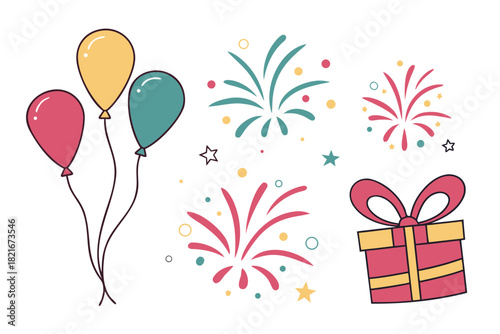 Party Celebration Elements with Balloons Fireworks and Gifts birthday holiday