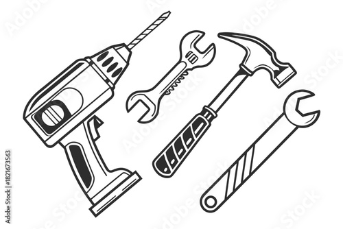 Black and White Illustration of Construction and Repair Tools Keywords: tools, drill, hammer, wrench
