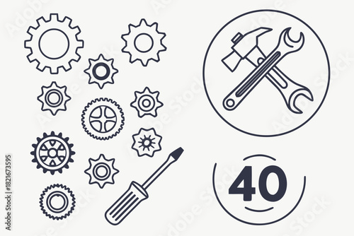 Set of Mechanical Gears and Tools Icons with Number 40 Keywords: gear, cogwheel, wrench, spanner