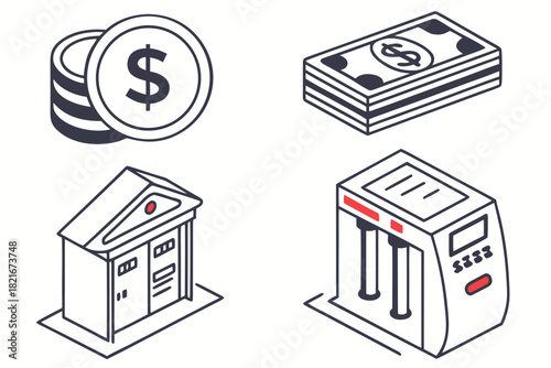 Isometric Icons Representing Financial Services and Transactions finance money