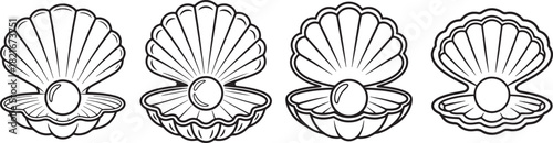 Set of Sea Shell with Pearl Line Art, Coloring Book Page Line Art Drawing, Vector and Illustration