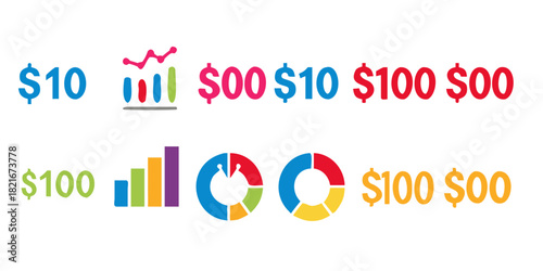 Colorful financial charts and dollar amounts on white background