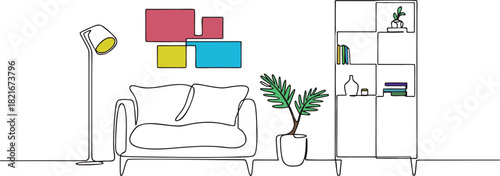 Modern minimalist living room line art illustration featuring sofa, lamp, plant, and shelves. Clean continuous line interior design with colorful wall art accents. Stylish home  outline 