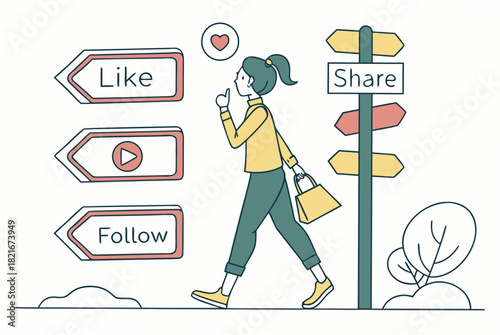 Woman walking past social media signposts for like share and follow vector illustration