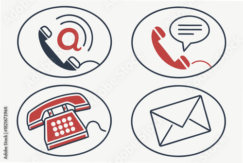Four circular icons representing communication methods phone and email symbol telephone