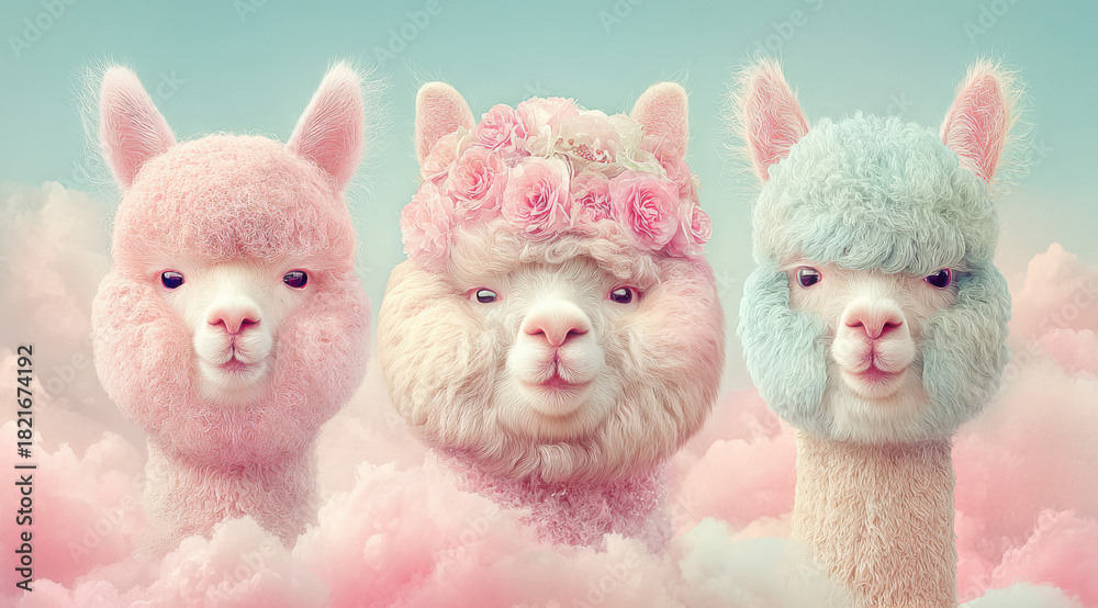Naklejka premium Drei niedliche Alpakas in Pastellfarben mit Blumenkranz vor zarter Wolkenkulisse