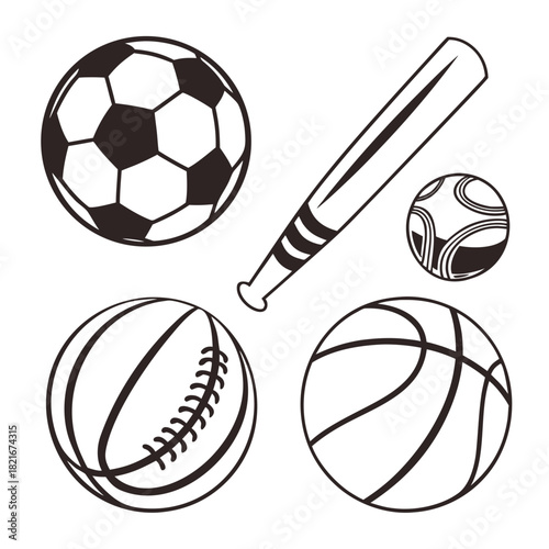 Sports Balls and Baseball Bat Icons in Black and White Keywords: sports, ball, soccer ball, baseball