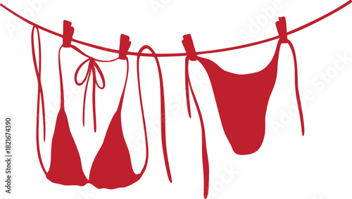 Red bikini silhouette hanging on a clothesline creates a bold summer fashion concept. Minimalist swimwear design emphasizes beach lifestyle. Perfect for seasonal advertising visuals.