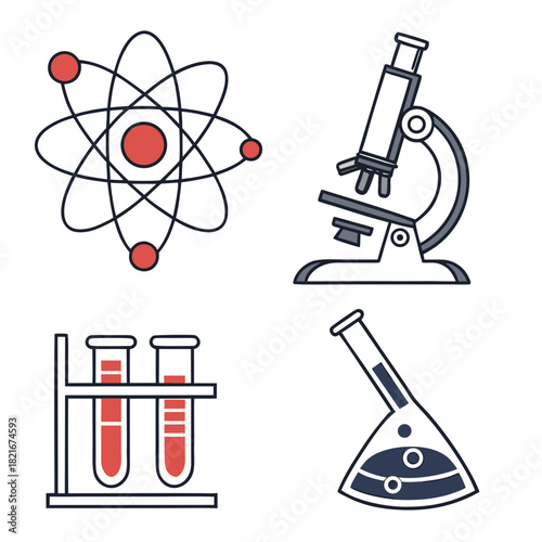 Science icons atom microscope test tubes and flask on white background atomic model