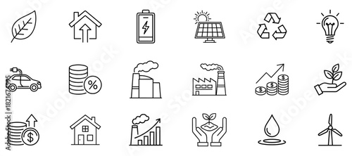 Illustrative line art depicting environmental sustainability, renewable energy solutions, green industry practices, and economic growth through ecological awareness, promoting a harmonious future