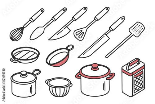 Assorted Hand Drawn Kitchen Utensils and Cookware Icons Keywords: whisk, spoon, knife, spatula, grater