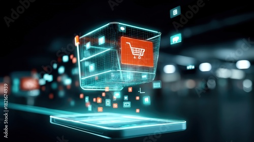 E-commerce innovations digital marketplace graphic elements virtual environment futuristic perspective shopping experience