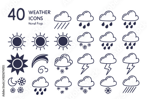 Collection of 40 Hand Drawn Weather Icons in Dark Blue forecast
