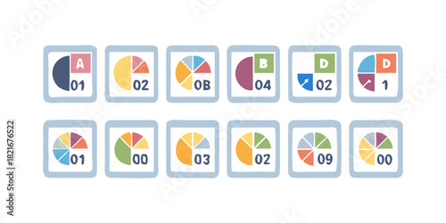 Colorful Pie Chart Icons with Numbers and Letters graph