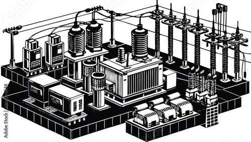 Isometric vector illustration of an industrial factory building structure and urban city architecture design