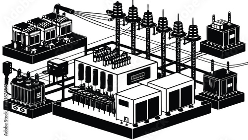 Isometric vector illustration set of a factory building and residential apartment houses in a city plan