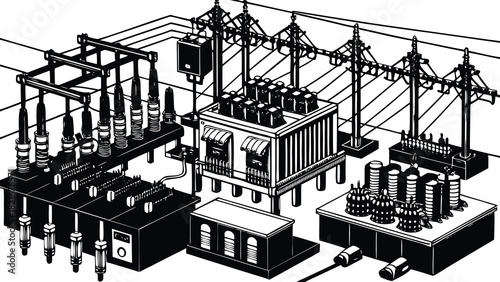 Isometric vector illustration of an urban factory building and industrial plant architecture on a city map