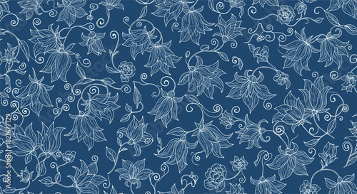 Seamless white floral pattern with intricate swirling vines on a dark blue background.