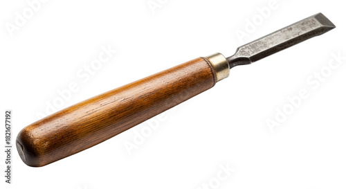 Woodworking chisel with polished wooden handle and beveled metal blade—used for carving, shaping, and detailing wood in carpentry or sculpture
