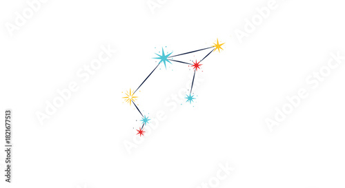 Stylized constellation of colorful stars connected by lines against a white background.