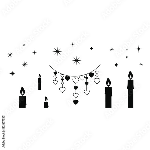 Black and white silhouette illustration of five burning candles and a string of hanging heart shapes with star accents isolated on