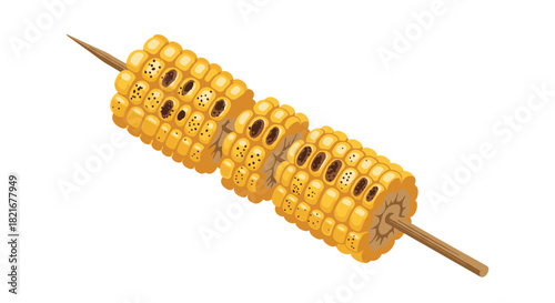 Illustration of three pieces of corn on the cob skewered together on a wooden stick.