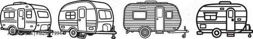 Set of Caravan Trailer Line Art, Coloring Book Page Line Art Drawing, Vector and Illustration