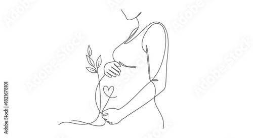 Minimalist line drawing of a pregnant woman holding a sprig of leaves gently