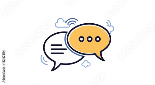 Two chat bubbles illustrating communication and conversation with surrounding clouds and wifi signal.