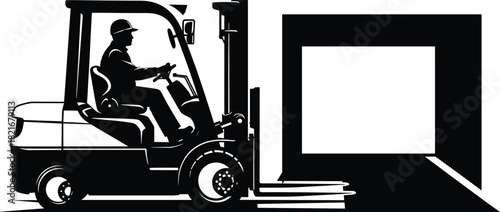 Forklift operator silhouette at loading dock, industrial warehouse, cargo transport, safety gear, cad drawing flat vector illustration, material handling equipment concept