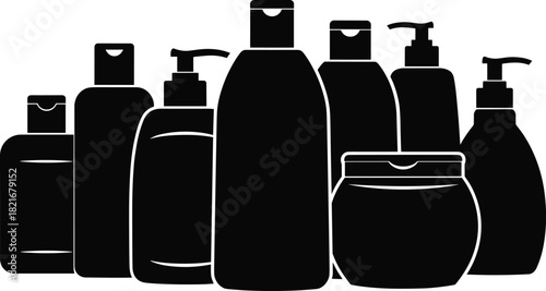 Black silhouette set of cosmetic containers, pump bottles, flip-top caps, skincare packaging, toiletry shapes, beauty product mockup, hygiene branding elements