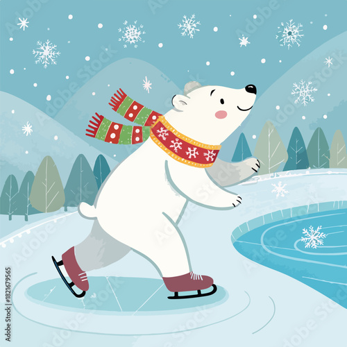 Winter holiday fun: a cartoon snowman with a snowboard and a little girl on a sled under festive snowflakes