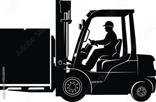 Forklift operator silhouette lifting cargo, industrial vehicle, warehouse logistics, safety gear, material handling, black vector, cad drawing flat illustration