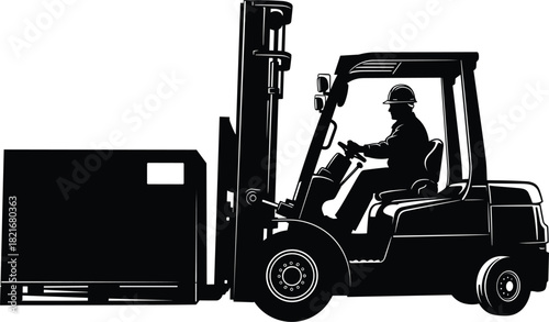 Forklift operator silhouette with cargo box, industrial transport, warehouse logistics, safety gear, cad drawing flat vector illustration, material handling equipment concept