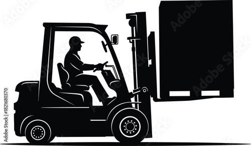 Forklift operator silhouette lifting pallet, industrial vehicle, warehouse equipment, logistics machinery, safety gear, cad drawing flat vector illustration, material handling concept