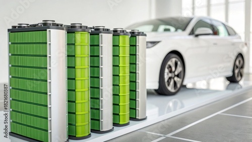 The image showcases a sleek white car beside modern battery units, highlighting advancements in electric vehicle technology and energy storage solutions.