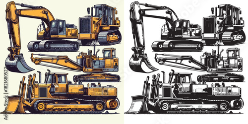 Vector and silhouette set of heavy equipment on white background