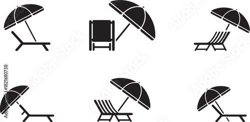 Set of six minimalist icons Beach chair and umbrella icon set. Summer vacation silhouette vector symbols for travel, relaxation, and resort themes.