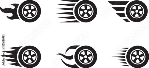 A collection of six monochrome vector icons Set of black speeding wheel icons with motion trails. Car tire, race, and velocity graphic elements vector collection.
