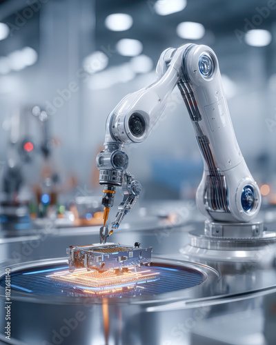 A robotic arm is delicately assembling a circuit board in a high-tech factory setting, showcasing advanced automation and precision.
