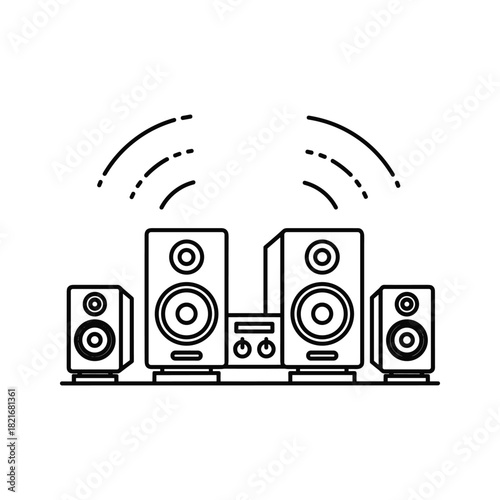 Line art icon of a home stereo system with sound waves