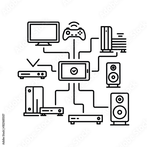 Line art icon showing various electronic device connection and control
