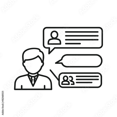 Line icon of businessman communicating via chat message bubbles isolated on