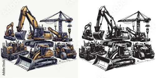Vector and silhouette set of heavy equipment on white background