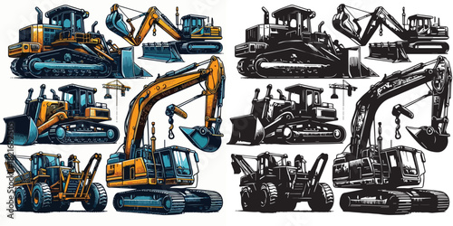 Vector and silhouette set of heavy equipment on white background