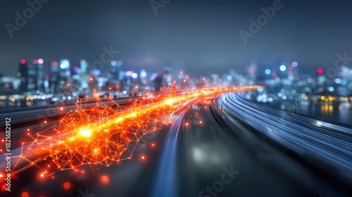 Dynamic light trails of urban transportation city skyline digital artwork nighttime aerial view concept of connectivity and speed
