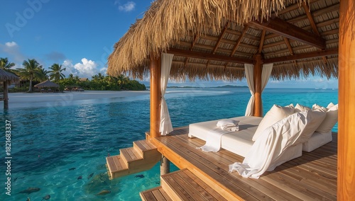 Featuring overwater thatched palapa with cushioned daybed resting on deck at resort, fish below