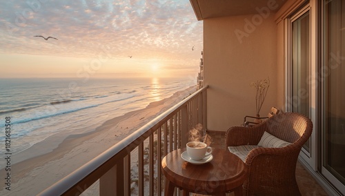 Showing wicker armchair beside round table on beach balcony at sunset, steaming cup, copy space