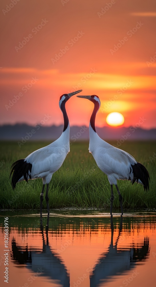 Naklejka premium Two elegant cranes silhouetted against a vibrant sunset reflecting in the water