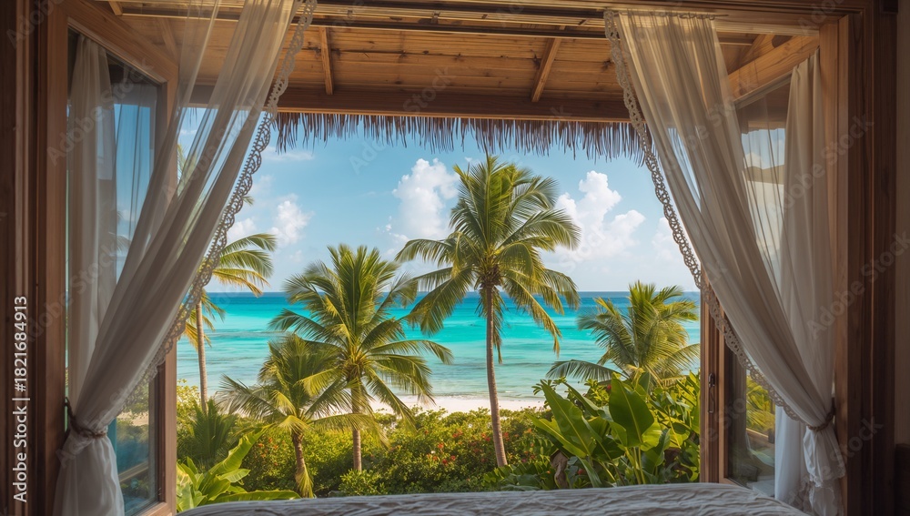 Fototapeta premium Framing tropical sea view through open wooden casement windows at beach bungalow, with palm trees
